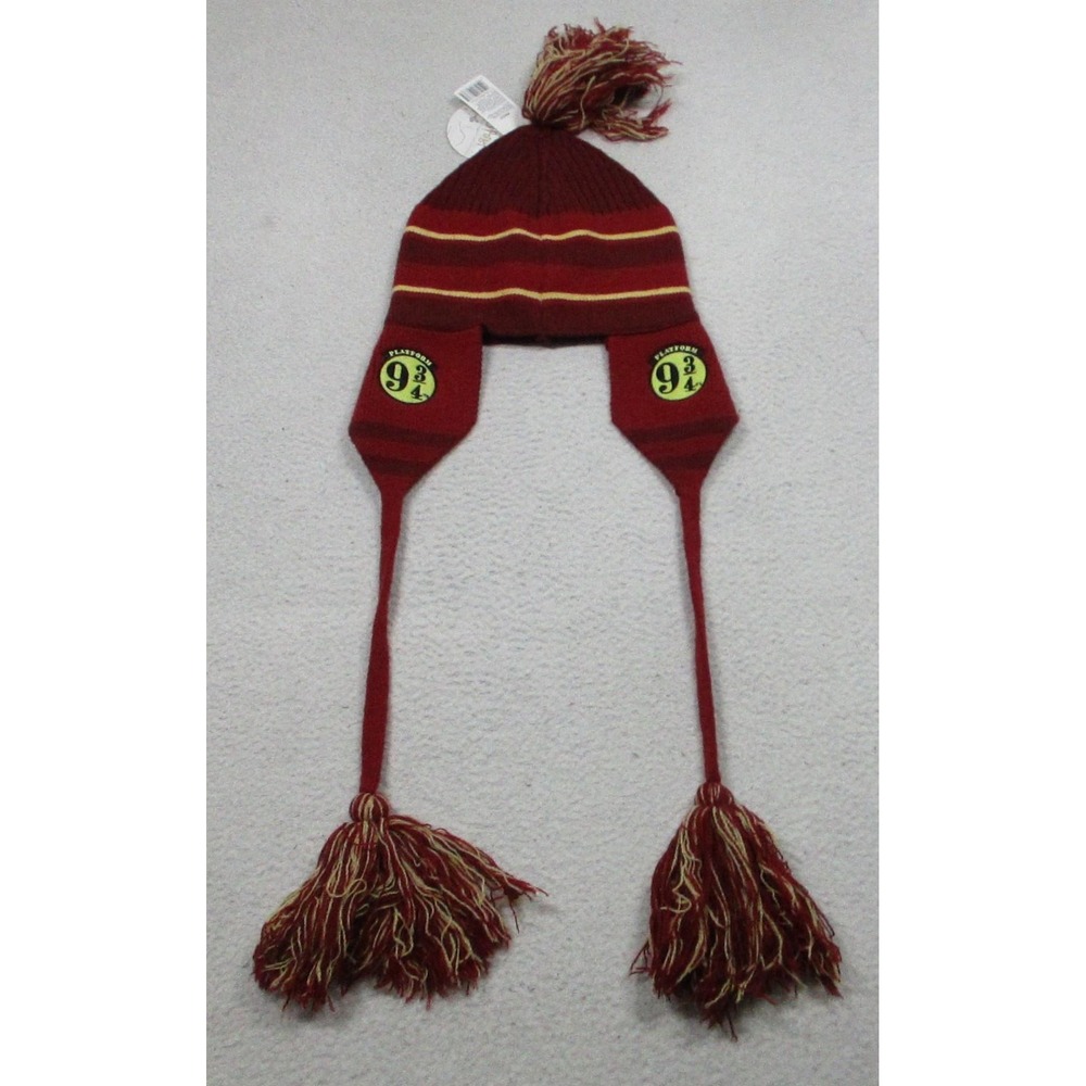 Harry Potter Hat Beanie Fitted Mens 57cm Red Gold Platform 9 3/4 Earflap Tassel‎